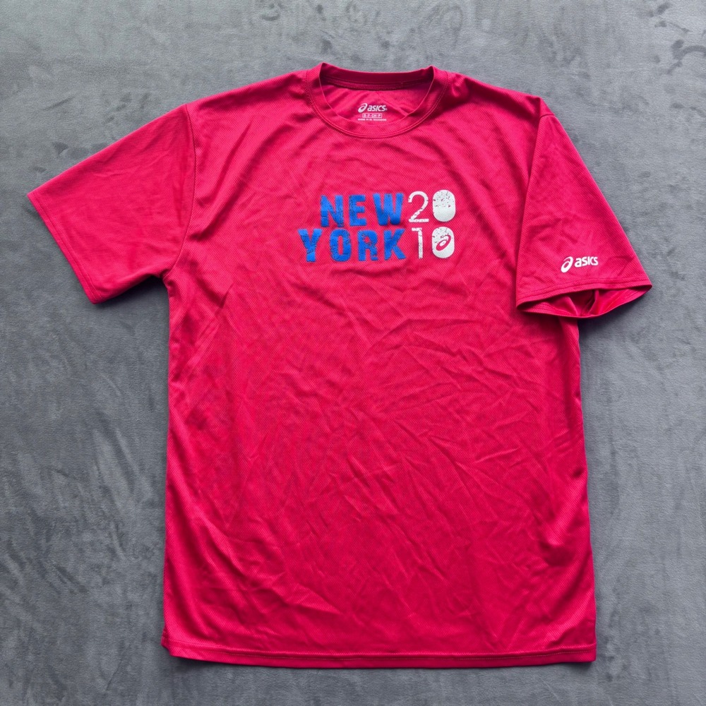 Asics Mens New York 2018 Marathon Running Shirt Red Short Sleeve Small